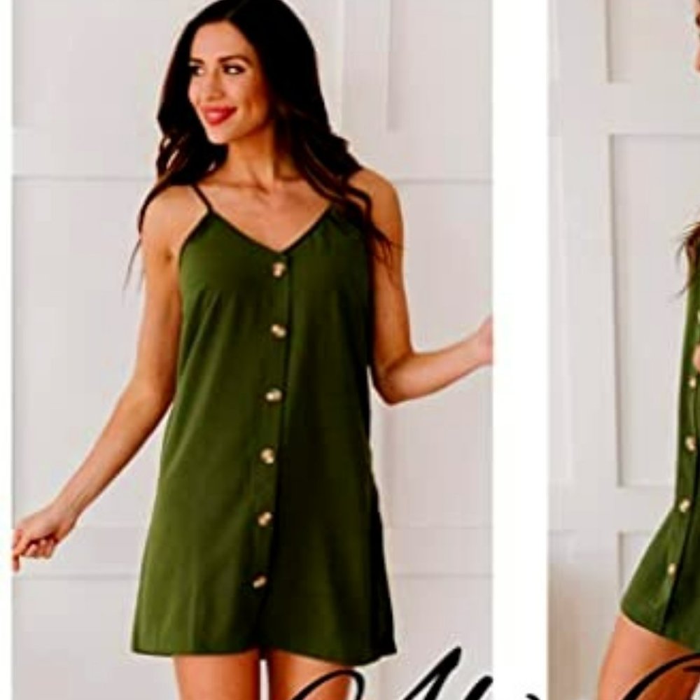 Spaghetti Strap Button Down V Neck Sleeveless Casual Mini Dress